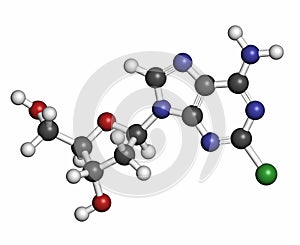 Cladribine cancer drug molecule. Atoms are represented as spheres with conventional color coding: hydrogen (white), carbon (grey photo