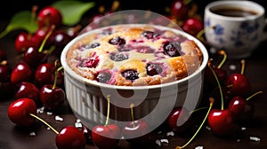 Clafoutis cherry pie on rustic wooden background