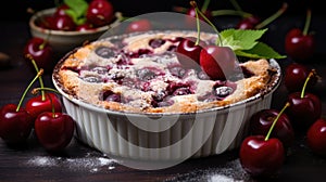 Clafoutis cherry pie on rustic wooden background