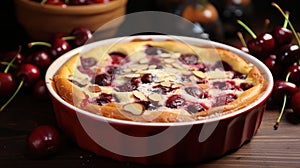 Clafoutis cherry pie on rustic wooden background