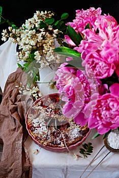 Clafuti with acacia flowers and strawberries