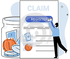 Claim form, man filling out checklis, write personal information into document, answers questions