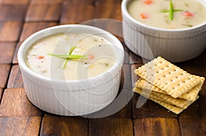 Clam chowder bowl with crackers