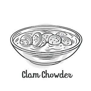 Clam chowder soup bowl outline icon photo