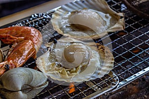 Clam,Quahog,shrimp,scallop shell,Charcoal-grilled seafood.in chiba-ken JAPAN photo