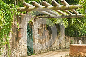 Clam shell and concrete property wall with hanging clay pots and an arched opening with a green, metal, gate, a fountain