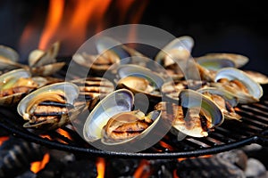 clam sizzling on a hot grill