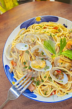 Clam spaghetti on the table