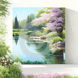 Clam summer art canvas , spring , pink leaf , river , lake , painting , canvas , plants , trees - Ai generated