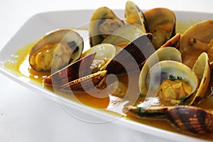 Clams cooked with the recipe clams a la marinera`. A traditional recipe of Spanish gastronomy`