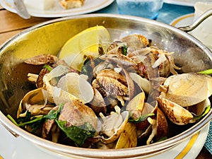Clams in Garlic Sauce. Cooked clams with parsley,Mediterranean Cuisine