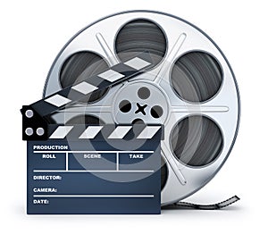 Clap-board and film spool on white background