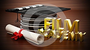 Clapboard standing on film strips like a mortarboard. Film academy text and diploma. 3D illustration