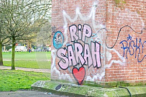 CLAPHAM, LONDON, ENGLAND- 16 March 2021: RIP SARAH graffiti in Clapham, in memory of Sarah Everard who was murdered