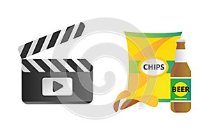 Clapper board and chips food vector illustration.
