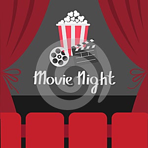 Clapper board Movie reel Popcorn. Open luxury red silk stage theatre curtain. Velvet curtains with bow. Seats hall. Film screen. M