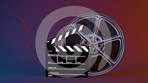 Clapper board and rotating film tape, 3d rendering
