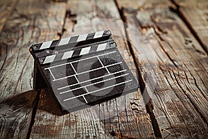 Clapper board on a white wooden surface, cinema and videomaking concept