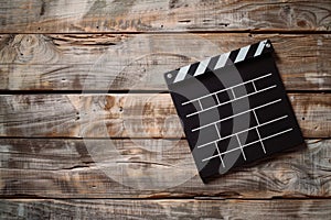 Clapper board on a white wooden surface, cinema and videomaking concept