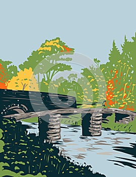 Clapper Bridge on the Moor at Postbridge in Dartmoor National Park in Devon England United Kingdom UK Art Deco WPA Poster Art