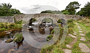 Clapper bridge at Postbridge on Dartmoor in Devon, England, United Kingdom