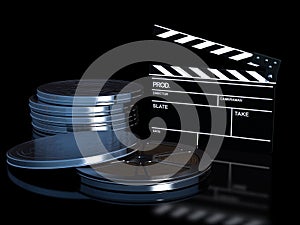 Clapperboard and cinema film roll