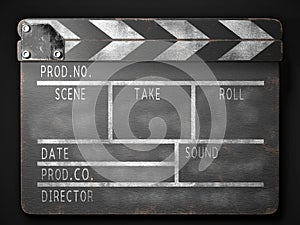 Clapperboard on a dark background front view. 3d rendering