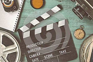 Clapperboard and a film reel