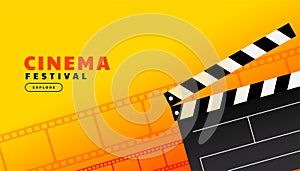 Clapperboard with film reel cinema festival background