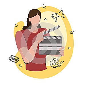 Clapperboard girl at workplace, occupation people, vector stylized illustration photo