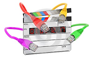 Clapperboard with lan cables. Online movies, streaming online concept. 3D rendering