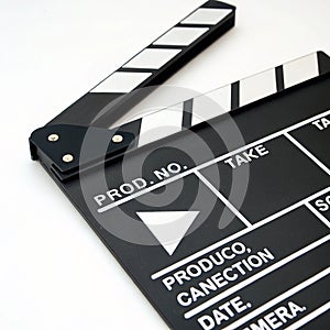 Clapperboard with play button isolated on white background photo