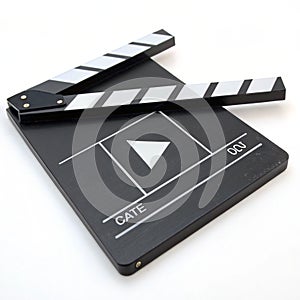 Clapperboard with play button isolated on white background photo