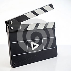 Clapperboard with play button isolated on white background photo
