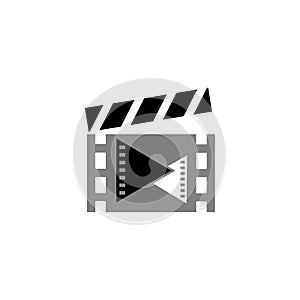 Clapperboard vector illustration, flat style clapperboard with play button, film making device, video movie clapper equipment