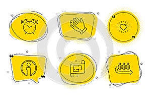 Clapping hands, Alarm clock and Info icons set. Heart, Architectural plan and Queue signs. Vector