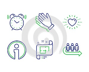 Clapping hands, Alarm clock and Info icons set. Heart, Architectural plan and Queue signs. Vector