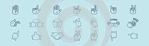 Clapping hands and other gestures. Thin line icons set. Flat style color vector symbols isolated on blue background