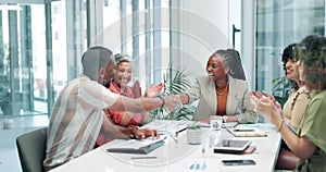 Clapping, shaking hands and manager with business people in office for meeting with deal, partnership or agreement