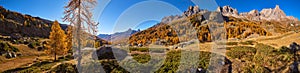 The Claree Valley in full Autumn colors nd the Cerces Massif mountain range. Laval, Hautes-Alpes 05, Alps, France