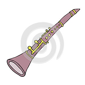 Clarinet hand-drawn isolated on white background. Artistic purple metal wind instrument
