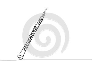 Clarinet one line art. Continuous line drawing of wind, symphony, retro, clarinet, bass, oboe, sax, music, flute, jazz