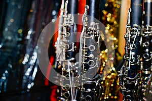 Clarinets in a shop window of musical instruments