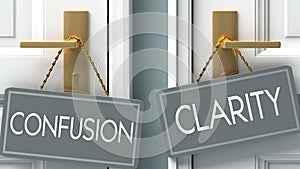 Clarity or confusion as a choice in life - pictured as words confusion, clarity on doors to show that confusion and clarity are