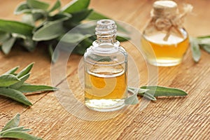 Clary sage essential oil or extract in glass bottle with fresh leaves on wooden rustic background