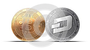 Clash of Bitcoin and Dash coins isolated on white background