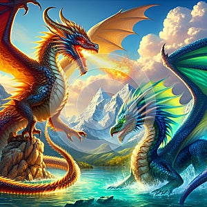 Clash of Elements: Fire Dragon vs. Water Dragon Amidst Mountains and Clouds. photo