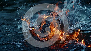 The clash between fire flames and a water splash on a dark background, symbolizing struggle, Ai Generated