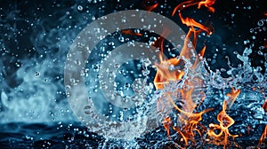 The clash between fire flames and a water splash on a dark background, symbolizing struggle, Ai Generated