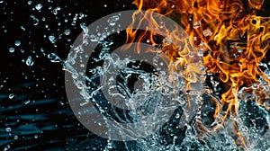 The clash between fire flames and a water splash on a dark background, symbolizing struggle, Ai Generated